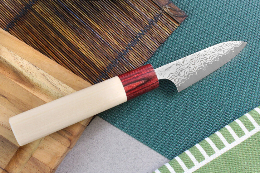 Cuchillo de pelar japonés Masakage Kiri 7,5cm hecho a mano, Damasco 49 capas