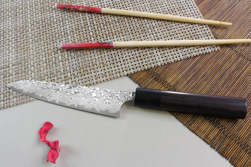 Yoshimi Kato 15cm VG10 Damascus nikkel handgemaakt Japans Universeel mes
