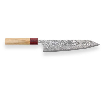 Coltello da chef giapponese fatto a mano Yoshimi Kato 21 cm VG10 Nichel Damasco in legno di ciliegio