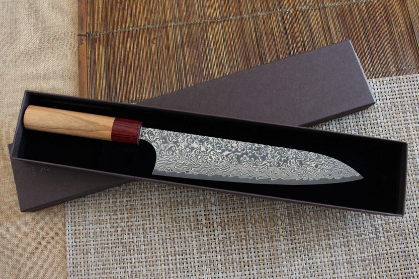 Artisanaal Japans koksmes Yoshimi Kato 21cm VG10 Nikkel Damascus kersenhout