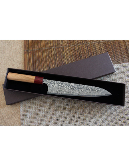 Artisanaal Japans koksmes Yoshimi Kato 21cm VG10 Nikkel Damascus kersenhout