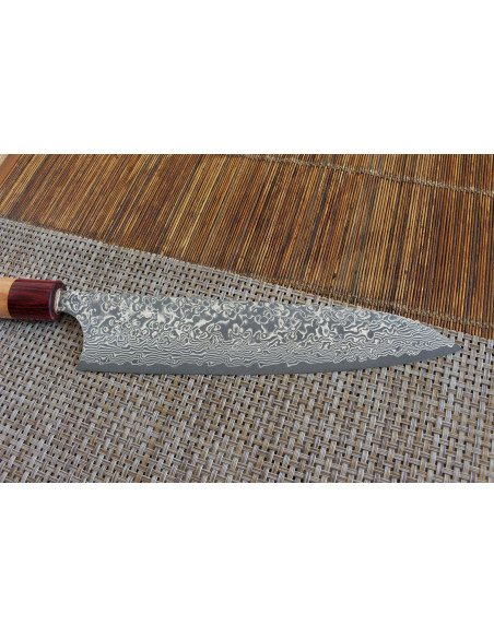 Håndverksmessig japansk kokkekniv Yoshimi Kato 21 cm VG10 Nikkel Damaskus kirsebærtre