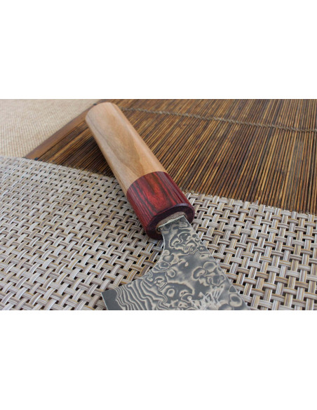 Håndverksmessig japansk kokkekniv Yoshimi Kato 21 cm VG10 Nikkel Damaskus kirsebærtre