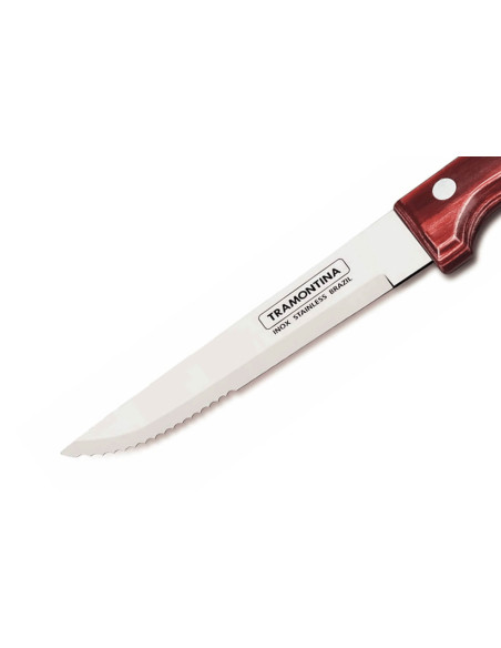 Sett med 12 Tramontina Gaucho biffkniver, 13 cm blad, rødt skaft