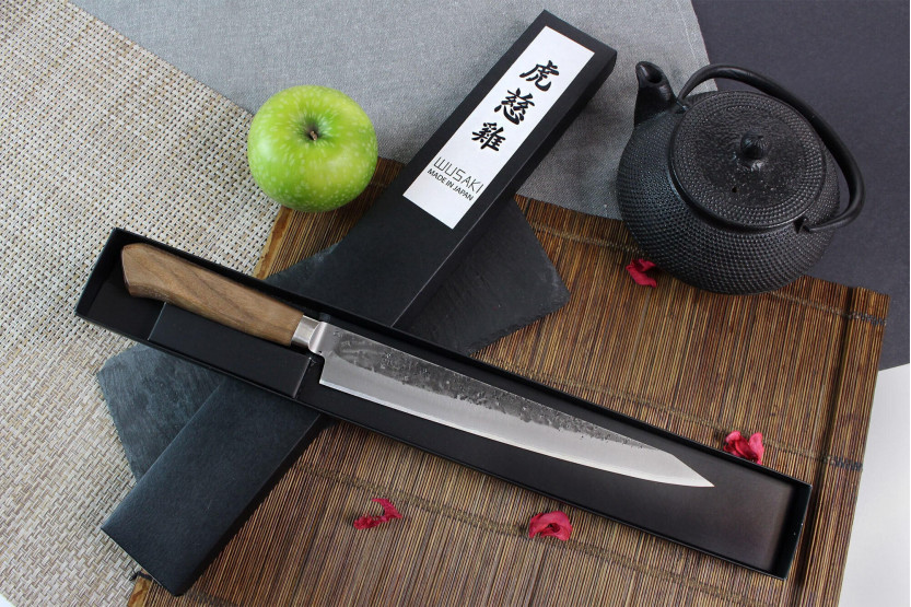 Wusaki Nogami BS2 24cm cuchillo japonés sujihiki hecho a mano con mango de nogal