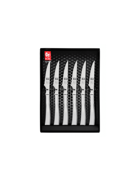 Set van 6 Icel steakmessen, 9 cm microvertand lemmet, geheel van roestvrij staal