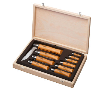 Trekasse med 10 Opinel Tradition Carbon-kniver med håndtak av bøketre