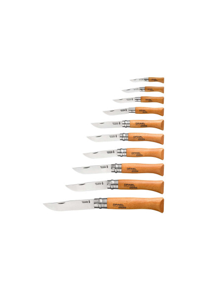 Valigetta in legno con 10 coltelli Opinel Tradition Carbon con manico in faggio