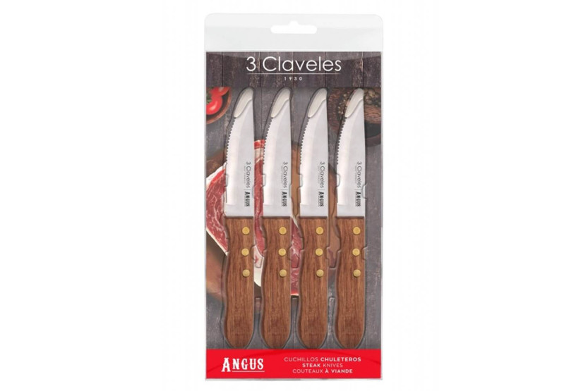 Set van 4 3 Claveles Angus steakmessen 12cm roestvrij staal met essenhouten handvat