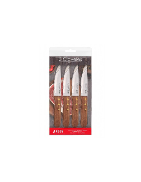 Set van 4 3 Claveles Angus steakmessen 12cm roestvrij staal met essenhouten handvat
