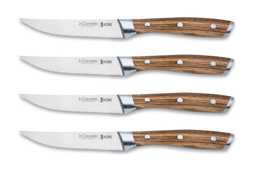 Sæt med 4 3 Claveles Kobe steakknive 11,5 cm i rustfrit stål med kastanjehåndtag