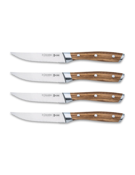 Sæt med 4 3 Claveles Kobe steakknive 11,5 cm i rustfrit stål med kastanjehåndtag