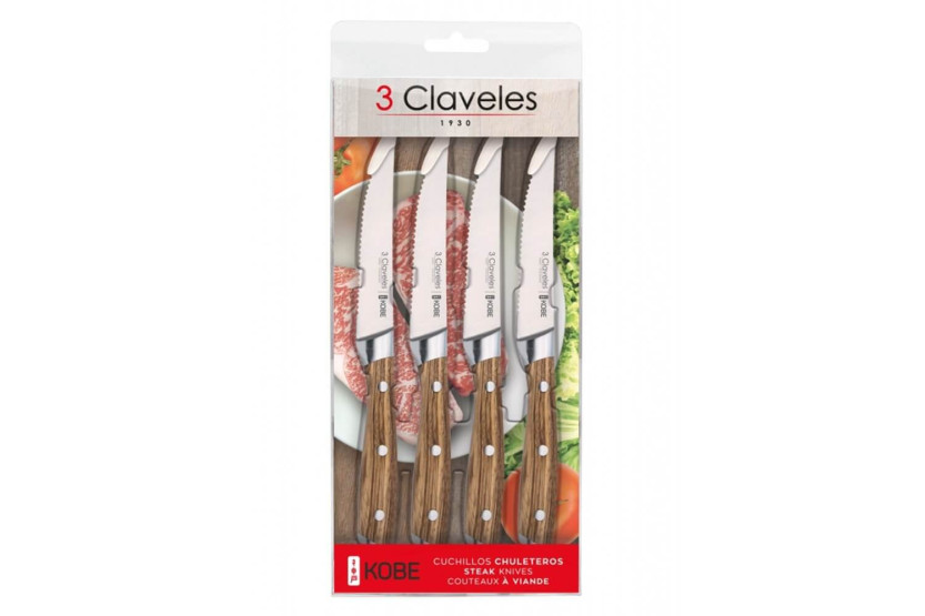 Sæt med 4 3 Claveles Kobe steakknive 11,5 cm i rustfrit stål med kastanjehåndtag