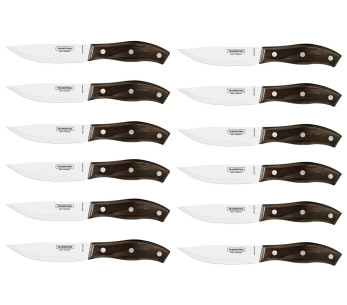 Conjunto de 12 facas para bife Tramontina Jumbo, lâmina de 13 cm, cabo de madeira marrom