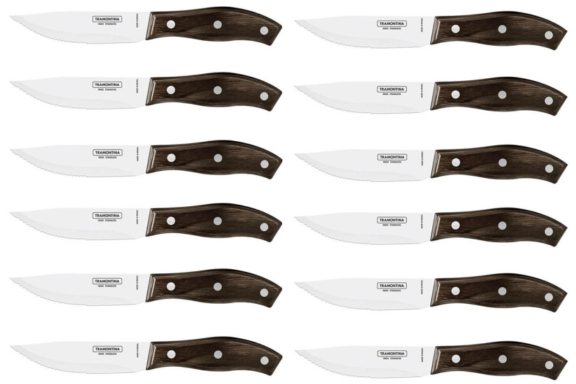 Sett med 12 Tramontina Jumbo biffkniver med 13 cm blad og brunt trehåndtak