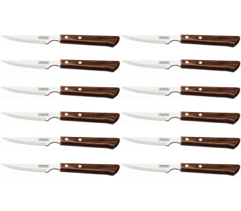 Sett med 12 Tramontina biffkniver, 10 cm takket blad, brunt skaft