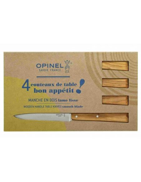 Boks med 4 Opinel Bon Appétit Sud-kniver 11 cm i rustfritt stål med håndtak i oliventre