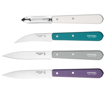 Sett med 4 Opinel Les Essentiels Art Deco-kniver med fargede håndtak