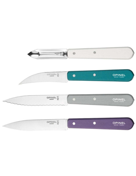 4 Opinel Les Essentiels Art Deco -veitsen sarja, jossa on värilliset kahvat.