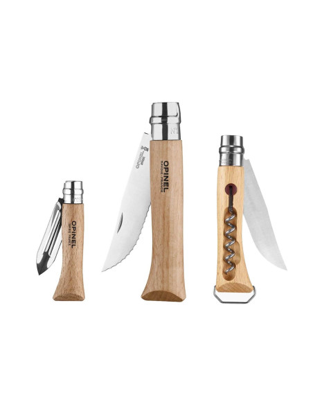 Opinel Nomade 3-delt universalknivsett i rustfritt stål med håndtak i bøketre