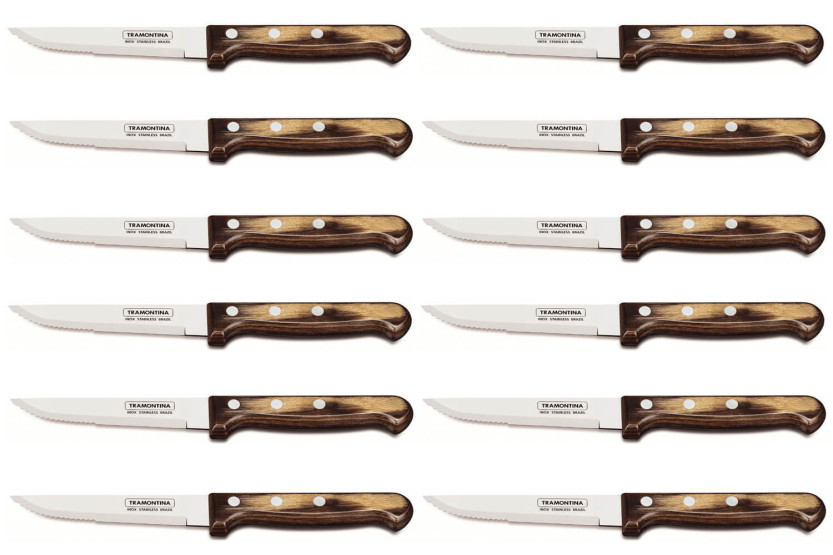 Set van 12 Tramontina Gaucho steakmessen, lemmet 13 cm, bruin handvat