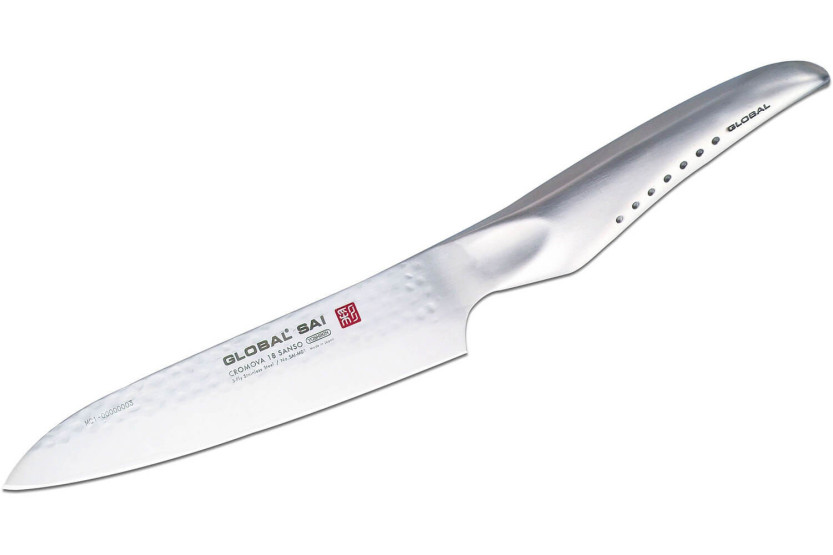 Global Sai M01 Coltello da chef giapponese, lama martellata da 14 cm