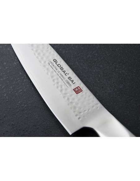 Global Sai M03 Japanese santoku knife, 13.5cm hammered blade