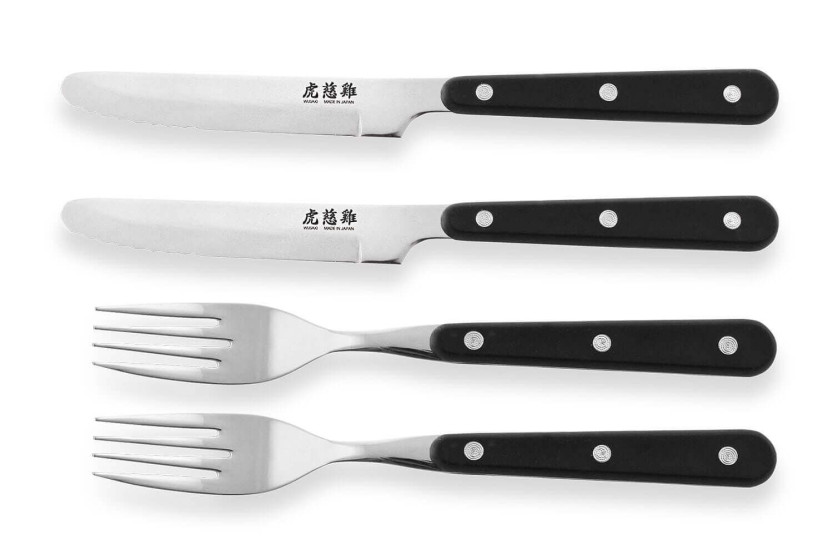 Conjunto de mesa Wusaki 2 facas para bifes de ponta redonda + 2 garfos