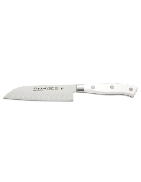 Riviera White Arcos taottu santokuveitsi 14cm, jossa on Granton-terä NITRUM®-teräksestä valmistettuterä