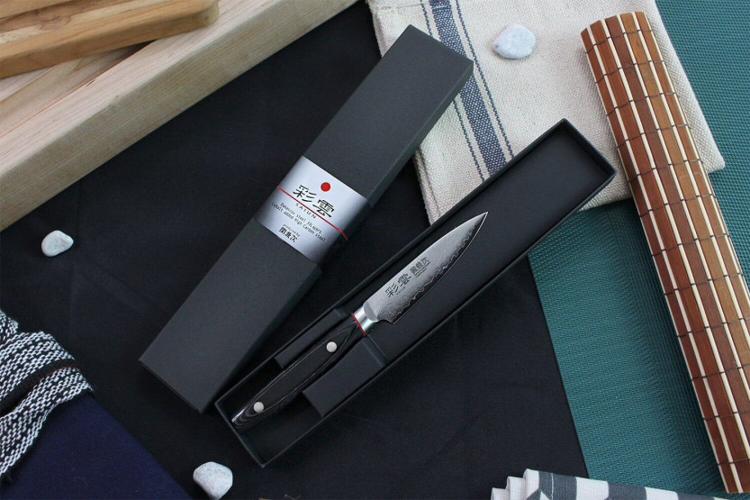 Cuchillo de pelar japonés Kanetsugu Saiun 9cm Damasco 65 capas