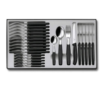 Victorinox Swissclassic 24-osainen ruokailuvälinesarja 18/10 ruostumatonta terästä musta polypropyleenikahva