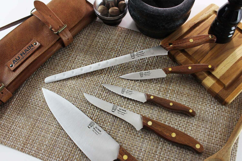 Estojo em pele com 5 facas de cozinha Au Nain Bistronome