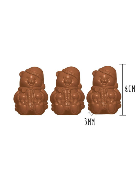 Platte mit 3 Schokoladenformen - Teddybär Weihnachten 8cm