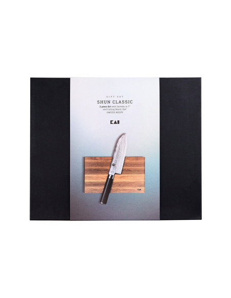 Set in doos 1 Kai Shun Classic 18cm santoku mes + 1 gratis KAI houten plank