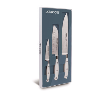 Sett med 3 Riviera White Arcos smidde kniver (Chef+Santoku+Office)