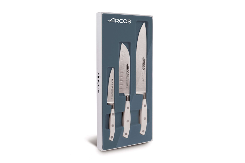Set of 3 Riviera White Arcos forged knives (Chef+Santoku+Office)