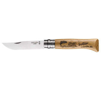 Faca Opinel Tradition Animalia Engravings n°08 8,5cm lâmina cabo em carvalho design truta