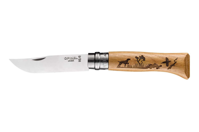 Opinel Tradition veitsi Animalia kaiverrukset n°8 terä 8,5cm tammi kahva koirat design