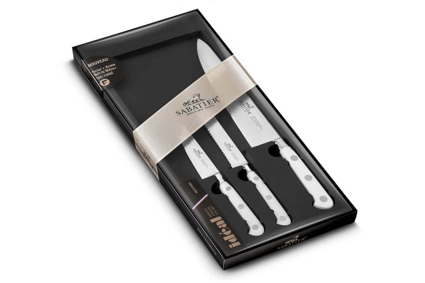 Sett med 3 Sabatier Toque blanche-kniver 100 % smidd med naglet håndtak
