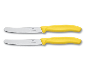 2 cuchillos de mesa Victorinox 11cm hoja dentada con punta redonda mango amarillo
