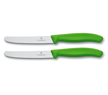 2 Victorinox tafelmessen 11cm gekarteld lemmet ronde punt groen handvat