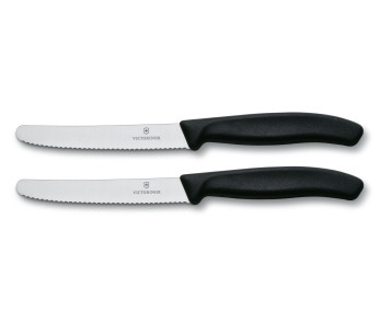 2 Victorinox bordkniver 11 cm med takket blad med rund spiss og svart skaft