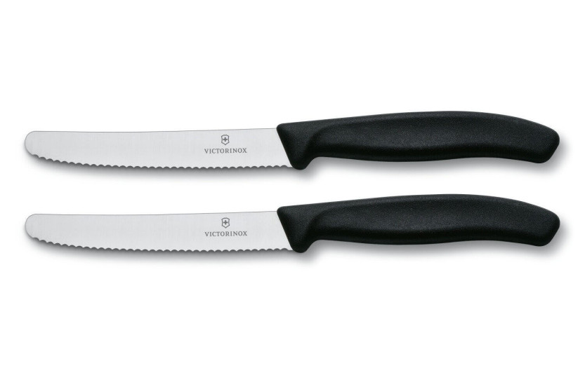 2 Victorinox table knives 11cm serrated blade round tip black handle