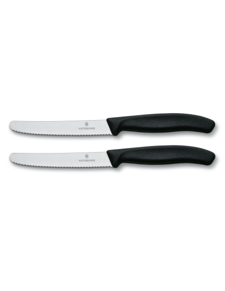 2 Victorinox bordsknivar 11cm tandat blad rund spets svart handtag