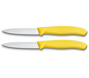 2 Victorinox skalknivar 8cm blad mittpunkt gult handtag