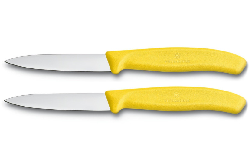 2 Victorinox skalknivar 8cm blad mittpunkt gult handtag