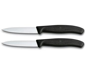 2 Victorinox skalknivar 8cm blad mittspets svart handtag
