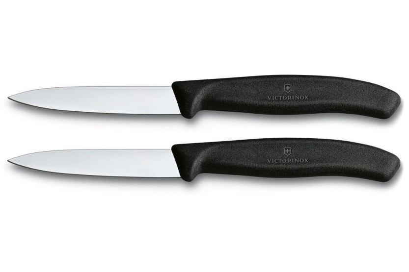 2 Victorinox skalknivar 8cm blad mittspets svart handtag
