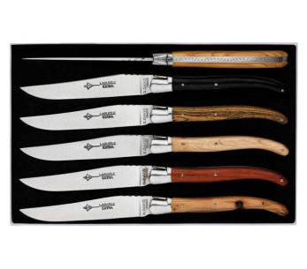 Doos 6 G.DAVID Laguiole Arbalète messen 23cm roestvrij staal houten handvat roestvrij staal bolster