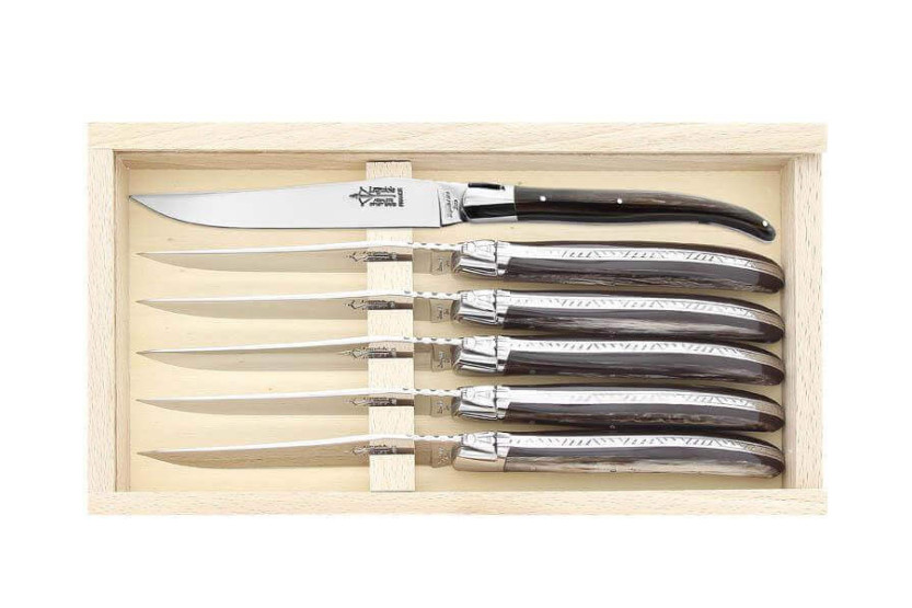 Set of 6 G.DAVIDLaguiole crossbow knives 21cm stainless steel black horn handle stainless steel bolster